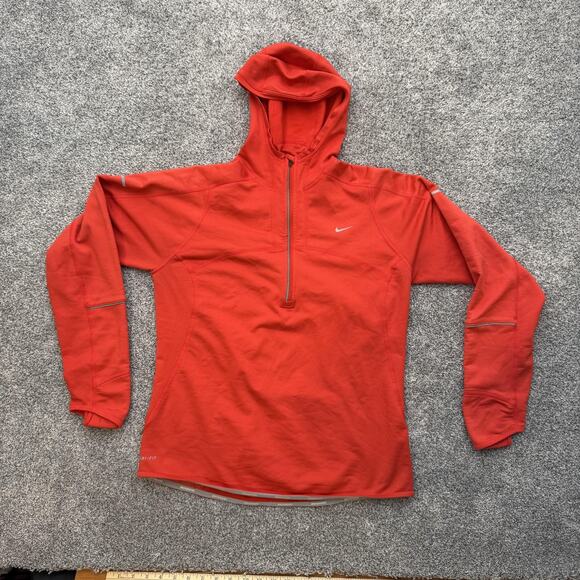 Nike Dri-FIT Pullover Hoodie Mens LG Orange Running Reflective Trim Thumbholes - Picture 1 of 14